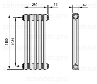 Схема (чертеж) Радиатор Zehnder Charleston 2110/5 №1270 Белый глянцевый RAL 9016